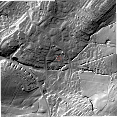 Shaded relief map of the ground around BB27BP, computed from Environment Agency LiDAR. The ground here sits at about 155 m above sea level and falls 69 m across the surrounding 800 m. Surface water reaching this point runs off ground lying to the north, 6.3 m higher.