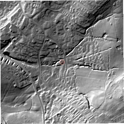 Shaded relief map of the ground around BB27FB, computed from Environment Agency LiDAR. The ground here sits at about 156 m above sea level and falls 71 m across the surrounding 800 m. Surface water reaching this point runs off ground lying to the east, 32.0 m higher.