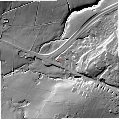 Shaded relief map of the ground around BB27FH, computed from Environment Agency LiDAR. The ground here sits at about 126 m above sea level and falls 48 m across the surrounding 800 m. Surface water reaching this point runs off ground lying to the east, 34.2 m higher.