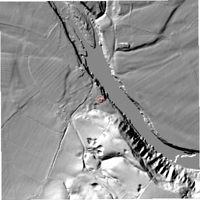 Shaded relief map of the ground around BB27LA, computed from Environment Agency LiDAR. The ground here sits at about 20 m above sea level and falls 49 m across the surrounding 800 m. Surface water reaching this point runs off ground lying to the south-south-east, 31.2 m higher.