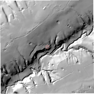 Shaded relief map of the ground around BB27LQ, computed from Environment Agency LiDAR. The ground here sits at about 48 m above sea level and falls 46 m across the surrounding 800 m. Surface water reaching this point runs off ground lying to the north, 19.6 m higher.