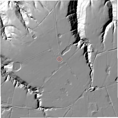 Shaded relief map of the ground around BB27LZ, computed from Environment Agency LiDAR. The ground here sits at about 77 m above sea level and falls 56 m across the surrounding 800 m. Surface water reaching this point runs off ground lying to the east-south-east, 0.9 m higher.