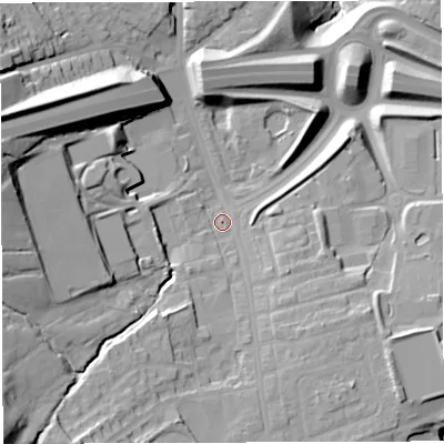 Shaded relief map of the ground around BB30AJ, computed from Environment Agency LiDAR. The ground here sits at about 140 m above sea level and falls 43 m across the surrounding 800 m. Surface water reaching this point runs off ground lying to the south-west, 26.6 m higher.