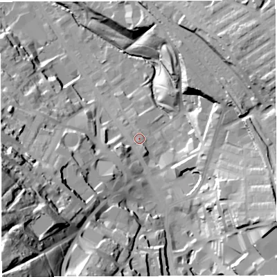 Shaded relief map of the ground around BB30DA, computed from Environment Agency LiDAR. The ground here sits at about 151 m above sea level and falls 78 m across the surrounding 800 m. Surface water reaching this point runs off ground lying to the south-west, 68.4 m higher.