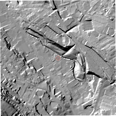 Shaded relief map of the ground around BB30DN, computed from Environment Agency LiDAR. The ground here sits at about 146 m above sea level and falls 77 m across the surrounding 800 m. Surface water reaching this point runs off ground lying to the south-east, 28.9 m higher.