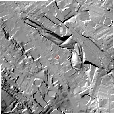 Shaded relief map of the ground around BB30DQ, computed from Environment Agency LiDAR. The ground here sits at about 147 m above sea level and falls 80 m across the surrounding 800 m. Surface water reaching this point runs off ground lying to the south, 9.8 m higher.