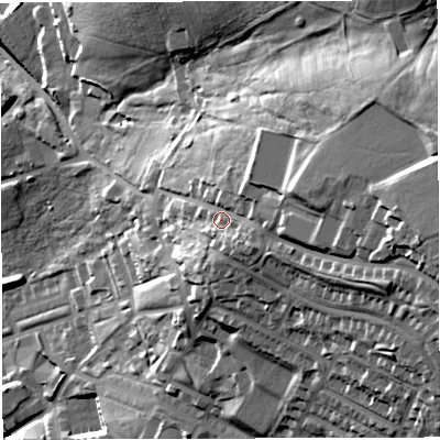 Shaded relief map of the ground around BB30EJ, computed from Environment Agency LiDAR. The ground here sits at about 195 m above sea level and falls 51 m across the surrounding 800 m. Surface water reaching this point runs off ground lying to the east, 18.1 m higher.