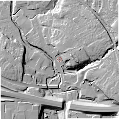 Shaded relief map of the ground around BB30FD, computed from Environment Agency LiDAR. The ground here sits at about 121 m above sea level and falls 44 m across the surrounding 800 m. Surface water reaching this point runs off ground lying to the east, 17.9 m higher.