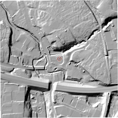 Shaded relief map of the ground around BB30FF, computed from Environment Agency LiDAR. The ground here sits at about 123 m above sea level and falls 44 m across the surrounding 800 m. Surface water reaching this point runs off ground lying to the east-north-east, 7.9 m higher.