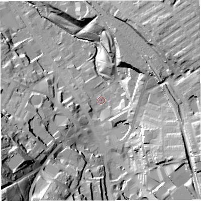 Shaded relief map of the ground around BB30FH, computed from Environment Agency LiDAR. The ground here sits at about 151 m above sea level and falls 72 m across the surrounding 800 m. Surface water reaching this point runs off ground lying to the east-north-east, 33.7 m higher.