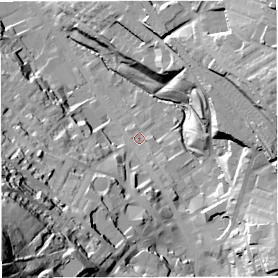 Shaded relief map of the ground around BB30GX, computed from Environment Agency LiDAR. The ground here sits at about 147 m above sea level and falls 88 m across the surrounding 800 m. Surface water reaching this point runs off ground lying to the south-west, 80.8 m higher.