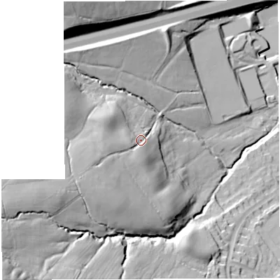 Shaded relief map of the ground around BB30LD, computed from Environment Agency LiDAR. The ground here sits at about 169 m above sea level and falls 73 m across the surrounding 800 m. Surface water reaching this point runs off ground lying to the west-south-west, 24.8 m higher.