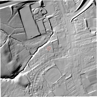 Shaded relief map of the ground around BB30PG, computed from Environment Agency LiDAR. The ground here sits at about 148 m above sea level and falls 48 m across the surrounding 800 m. Surface water reaching this point runs off ground lying to the west-south-west, 2.1 m higher.