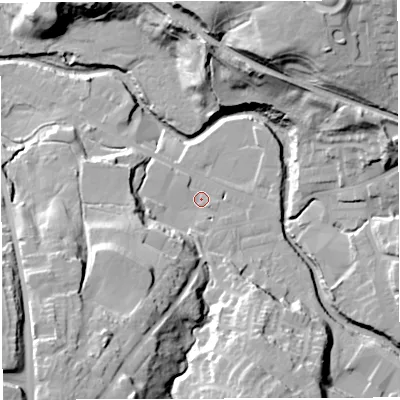 Shaded relief map of the ground around BB30PP, computed from Environment Agency LiDAR. The ground here sits at about 113 m above sea level and falls 45 m across the surrounding 800 m. Surface water reaching this point runs off ground lying to the south-west, 30.7 m higher.
