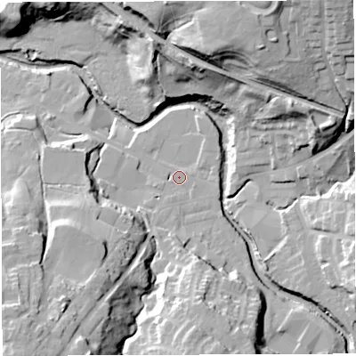 Shaded relief map of the ground around BB30PQ, computed from Environment Agency LiDAR. The ground here sits at about 114 m above sea level and falls 45 m across the surrounding 800 m. Surface water reaching this point runs off ground lying to the south-west, 30.6 m higher.