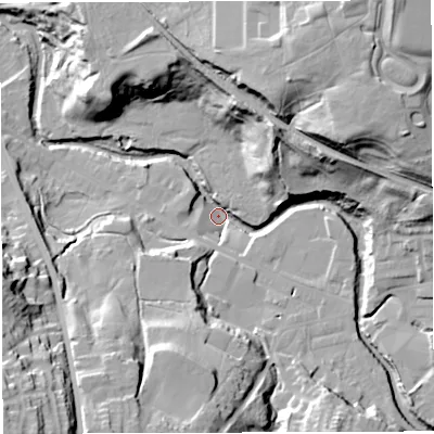 Shaded relief map of the ground around BB30PR, computed from Environment Agency LiDAR. The ground here sits at about 107 m above sea level and falls 51 m across the surrounding 800 m. Surface water reaching this point runs off ground lying to the east-north-east, 40.5 m higher.