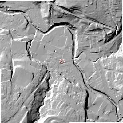 Shaded relief map of the ground around BB30PU, computed from Environment Agency LiDAR. The ground here sits at about 115 m above sea level and falls 42 m across the surrounding 800 m. Surface water reaching this point runs off ground lying to the south-south-west, 28.7 m higher.