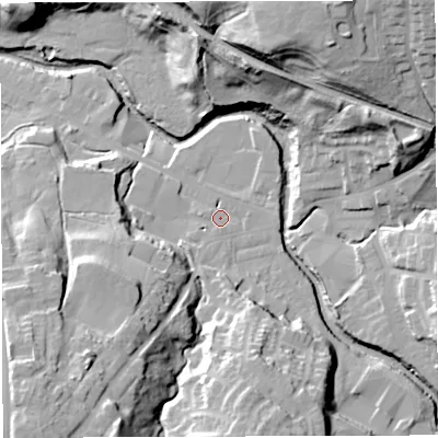 Shaded relief map of the ground around BB30PW, computed from Environment Agency LiDAR. The ground here sits at about 114 m above sea level and falls 44 m across the surrounding 800 m. Surface water reaching this point runs off ground lying to the south-west, 30.9 m higher.