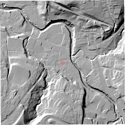 Shaded relief map of the ground around BB30PX, computed from Environment Agency LiDAR. The ground here sits at about 115 m above sea level and falls 42 m across the surrounding 800 m. Surface water reaching this point runs off ground lying to the south, 20.9 m higher.
