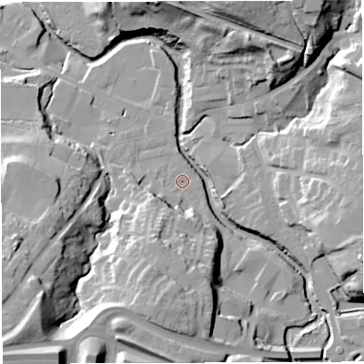 Shaded relief map of the ground around BB30PY, computed from Environment Agency LiDAR. The ground here sits at about 116 m above sea level and falls 40 m across the surrounding 800 m. Surface water reaching this point runs off ground lying to the south, 20.1 m higher.