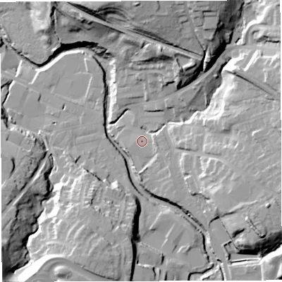 Shaded relief map of the ground around BB30QE, computed from Environment Agency LiDAR. The ground here sits at about 117 m above sea level and falls 41 m across the surrounding 800 m. Surface water reaching this point runs off ground lying to the east-south-east, 3.4 m higher.