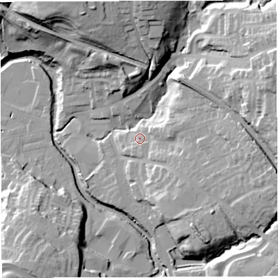 Shaded relief map of the ground around BB30RD, computed from Environment Agency LiDAR. The ground here sits at about 124 m above sea level and falls 48 m across the surrounding 800 m. Surface water reaching this point runs off ground lying to the east, 20.9 m higher.