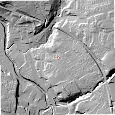 Shaded relief map of the ground around BB30RE, computed from Environment Agency LiDAR. The ground here sits at about 130 m above sea level and falls 51 m across the surrounding 800 m. Surface water reaching this point runs off ground lying to the east, 13.3 m higher.