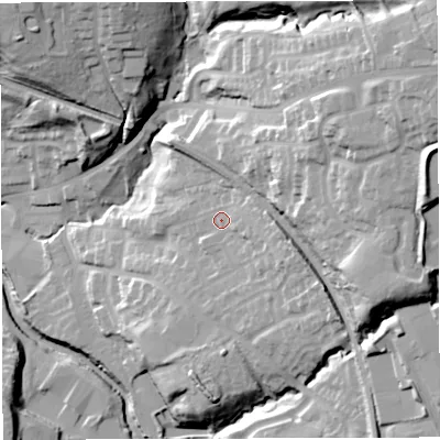 Shaded relief map of the ground around BB30RF, computed from Environment Agency LiDAR. The ground here sits at about 134 m above sea level and falls 51 m across the surrounding 800 m. Surface water reaching this point runs off ground lying to the east-south-east, 9.6 m higher.