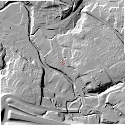 Shaded relief map of the ground around BB30RN, computed from Environment Agency LiDAR. The ground here sits at about 120 m above sea level and falls 44 m across the surrounding 800 m. Surface water reaching this point runs off ground lying to the east-south-east, 15.0 m higher.