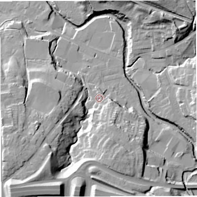 Shaded relief map of the ground around BB30SG, computed from Environment Agency LiDAR. The ground here sits at about 119 m above sea level and falls 42 m across the surrounding 800 m. Surface water reaching this point runs off ground lying to the south-south-east, 18.6 m higher.