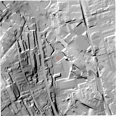 Shaded relief map of the ground around BB31AD, computed from Environment Agency LiDAR. The ground here sits at about 160 m above sea level and falls 76 m across the surrounding 800 m. Surface water reaching this point runs off ground lying to the south-east, 27.4 m higher.