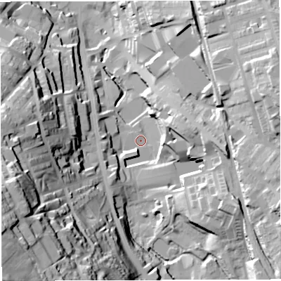Shaded relief map of the ground around BB31AE, computed from Environment Agency LiDAR. The ground here sits at about 161 m above sea level and falls 77 m across the surrounding 800 m. Surface water reaching this point runs off ground lying to the south-south-west, 46.9 m higher.
