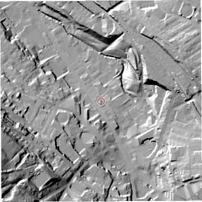 Shaded relief map of the ground around BB31AJ, computed from Environment Agency LiDAR. The ground here sits at about 150 m above sea level and falls 80 m across the surrounding 800 m. Surface water reaching this point runs off ground lying to the south-south-east, 3.9 m higher.