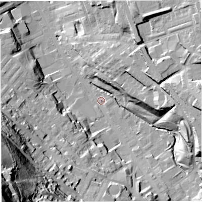 Shaded relief map of the ground around BB31AT, computed from Environment Agency LiDAR. The ground here sits at about 144 m above sea level and falls 113 m across the surrounding 800 m. Surface water reaching this point runs off ground lying to the south-west, 98.2 m higher.