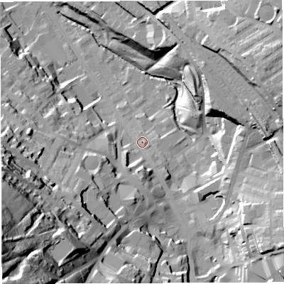 Shaded relief map of the ground around BB31AU, computed from Environment Agency LiDAR. The ground here sits at about 150 m above sea level and falls 81 m across the surrounding 800 m. Surface water reaching this point runs off ground lying to the south-south-west, 13.0 m higher.