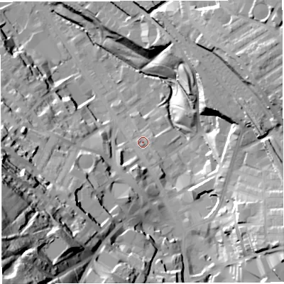 Shaded relief map of the ground around BB31AX, computed from Environment Agency LiDAR. The ground here sits at about 150 m above sea level and falls 80 m across the surrounding 800 m. Surface water reaching this point runs off ground lying to the south-south-east, 3.3 m higher.