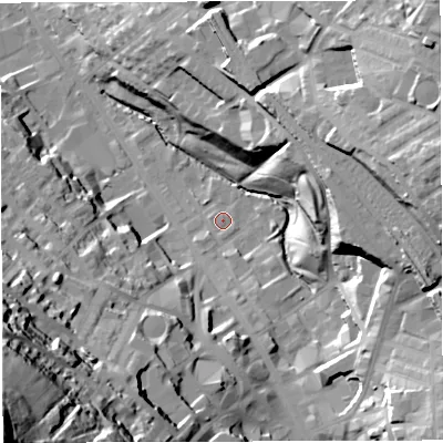Shaded relief map of the ground around BB31AY, computed from Environment Agency LiDAR. The ground here sits at about 147 m above sea level and falls 85 m across the surrounding 800 m. Surface water reaching this point runs off ground lying to the south, 10.2 m higher.