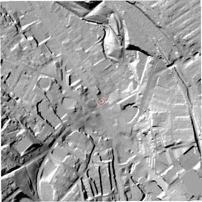 Shaded relief map of the ground around BB31AZ, computed from Environment Agency LiDAR. The ground here sits at about 152 m above sea level and falls 73 m across the surrounding 800 m. Surface water reaching this point runs off ground lying to the south, 37.0 m higher.