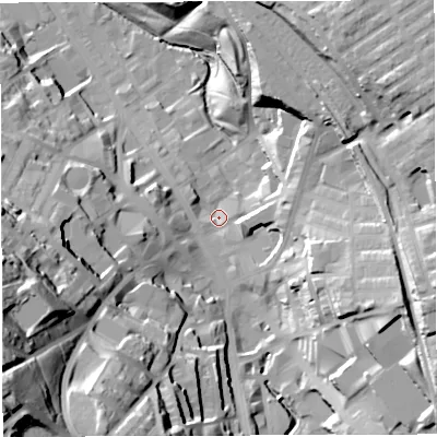 Shaded relief map of the ground around BB31BE, computed from Environment Agency LiDAR. The ground here sits at about 151 m above sea level and falls 70 m across the surrounding 800 m. Surface water reaching this point runs off ground lying to the south-south-west, 38.6 m higher.