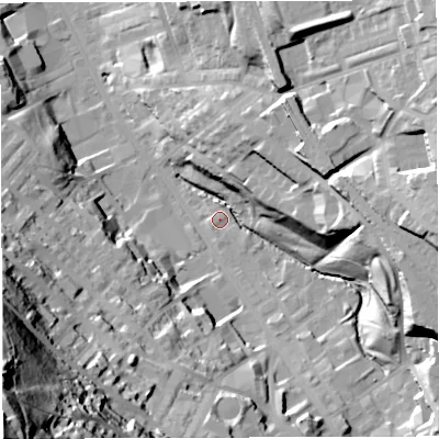 Shaded relief map of the ground around BB31BF, computed from Environment Agency LiDAR. The ground here sits at about 145 m above sea level and falls 100 m across the surrounding 800 m. Surface water reaching this point runs off ground lying to the east-south-east, 28.1 m higher.