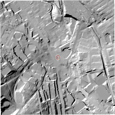 Shaded relief map of the ground around BB31BG, computed from Environment Agency LiDAR. The ground here sits at about 154 m above sea level and falls 68 m across the surrounding 800 m. Surface water reaching this point runs off ground lying to the south-south-west, 47.6 m higher.