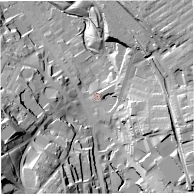 Shaded relief map of the ground around BB31BH, computed from Environment Agency LiDAR. The ground here sits at about 153 m above sea level and falls 67 m across the surrounding 800 m. Surface water reaching this point runs off ground lying to the east-north-east, 31.6 m higher.