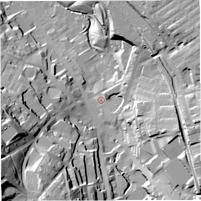 Shaded relief map of the ground around BB31BQ, computed from Environment Agency LiDAR. The ground here sits at about 154 m above sea level and falls 68 m across the surrounding 800 m. Surface water reaching this point runs off ground lying to the east-north-east, 31.5 m higher.