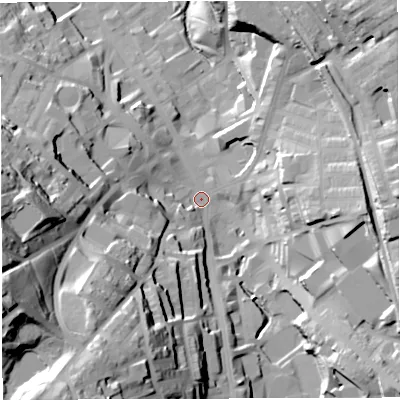 Shaded relief map of the ground around BB31BT, computed from Environment Agency LiDAR. The ground here sits at about 155 m above sea level and falls 69 m across the surrounding 800 m. Surface water reaching this point runs off ground lying to the south-west, 52.1 m higher.