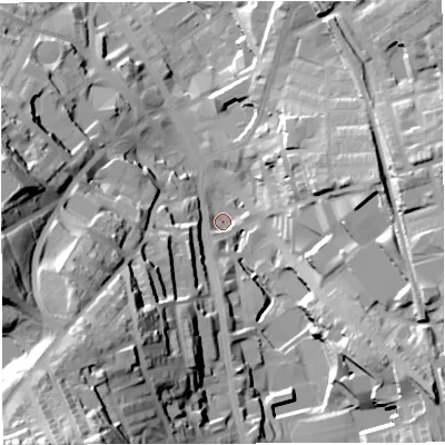 Shaded relief map of the ground around BB31DB, computed from Environment Agency LiDAR. The ground here sits at about 155 m above sea level and falls 73 m across the surrounding 800 m. Surface water reaching this point runs off ground lying to the south-east, 30.3 m higher.