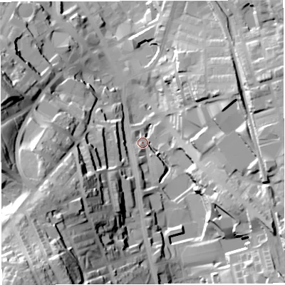 Shaded relief map of the ground around BB31DF, computed from Environment Agency LiDAR. The ground here sits at about 158 m above sea level and falls 75 m across the surrounding 800 m. Surface water reaching this point runs off ground lying to the south-east, 32.1 m higher.