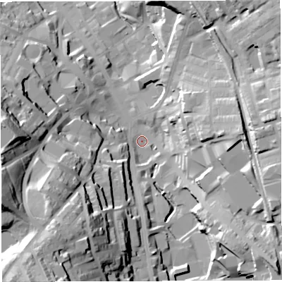 Shaded relief map of the ground around BB31DJ, computed from Environment Agency LiDAR. The ground here sits at about 155 m above sea level and falls 65 m across the surrounding 800 m. Surface water reaching this point runs off ground lying to the south-east, 30.5 m higher.