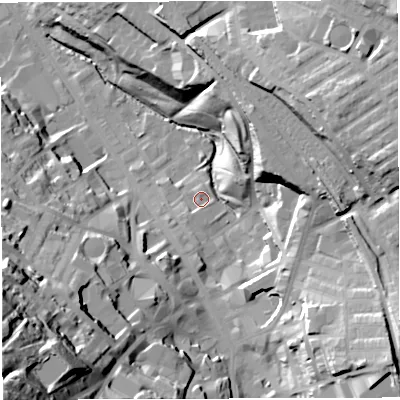 Shaded relief map of the ground around BB31DP, computed from Environment Agency LiDAR. The ground here sits at about 149 m above sea level and falls 72 m across the surrounding 800 m. Surface water reaching this point runs off ground lying to the south-south-east, 1.5 m higher.