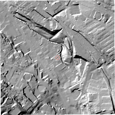 Shaded relief map of the ground around BB31DW, computed from Environment Agency LiDAR. The ground here sits at about 148 m above sea level and falls 67 m across the surrounding 800 m. Surface water reaching this point runs off ground lying to the south-west, 48.5 m higher.