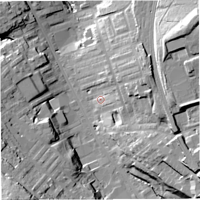 Shaded relief map of the ground around BB31EL, computed from Environment Agency LiDAR. The ground here sits at about 144 m above sea level and falls 57 m across the surrounding 800 m. Surface water reaching this point runs off ground lying to the east-north-east, 19.6 m higher.